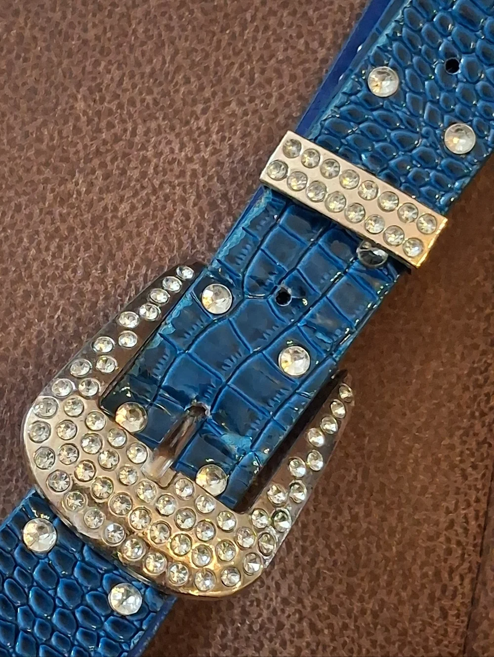 Blue Croc-Embossed Faux Leather Rhinestone Western Belt 33 To 38 Inches